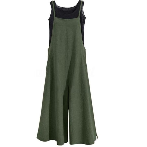 YESNO Dark Army Green Wide Leg Baggy Cotton Romper - Size Small - Picture 2 of 6